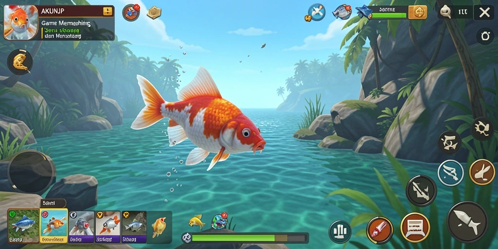 Tampilan gameplay AKUNJP yang seru saat menangkap ikan.