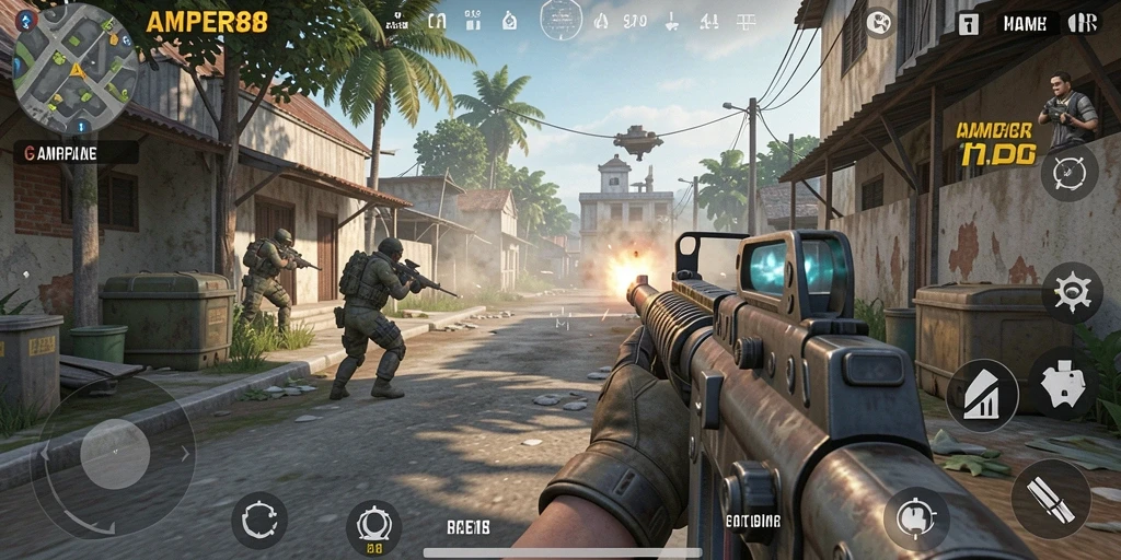 Tangkapan layar AMPER88 menampilkan aksi mendebarkan dalam gameplay TPS.