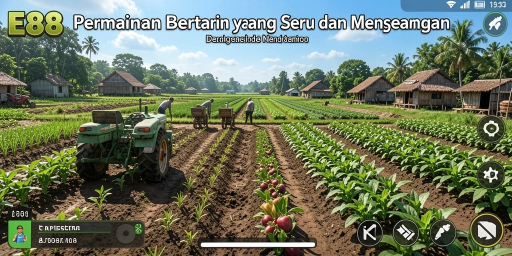 Tampilan gameplay E88 yang menampilkan lahan pertanian yang subur dan hewan-hewan lucu.