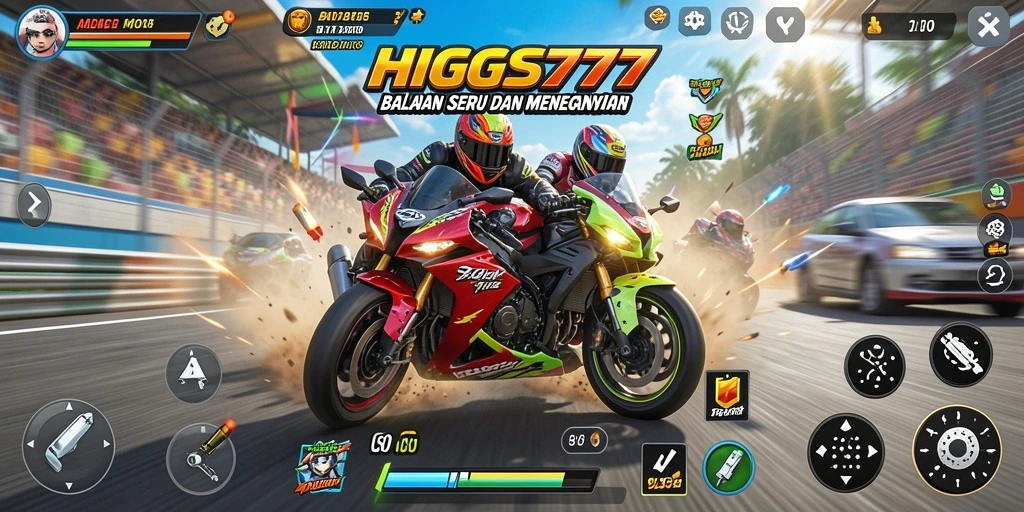 Gameplay HIGGS777 dengan balapan motor yang cepat dan mendebarkan.