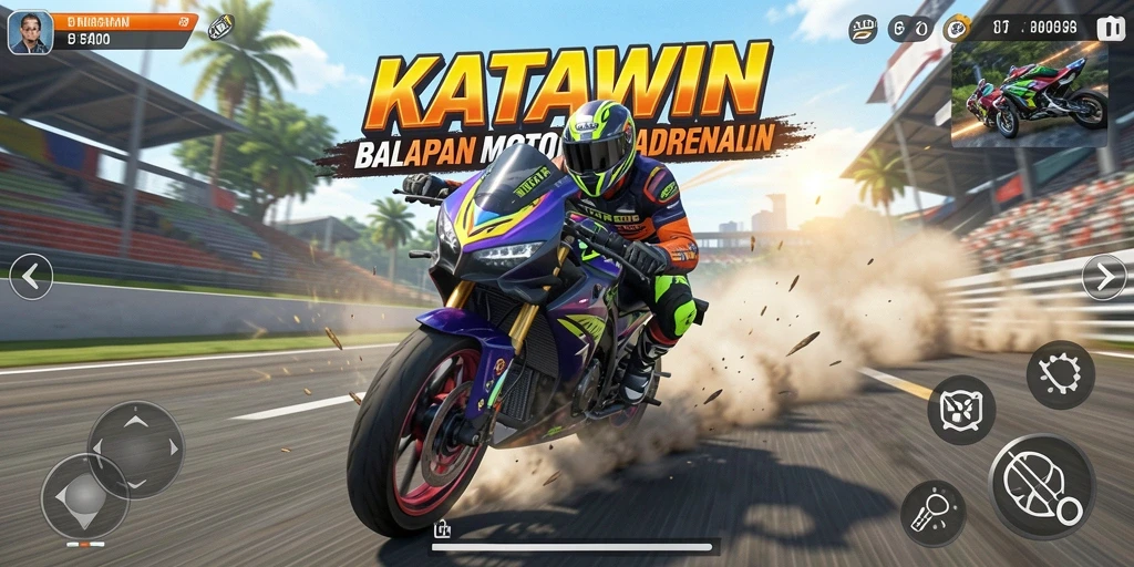 Screenshot gameplay KATAWIN dengan balapan motor yang seru.