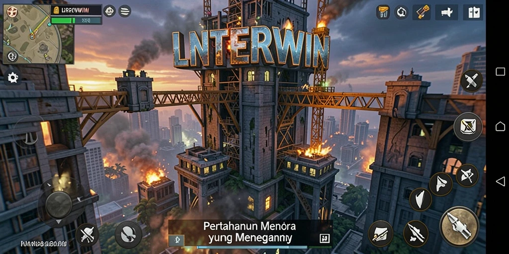 Tangkapan layar gameplay LNTERWIN menampilkan aksi menara pertahanan yang seru.