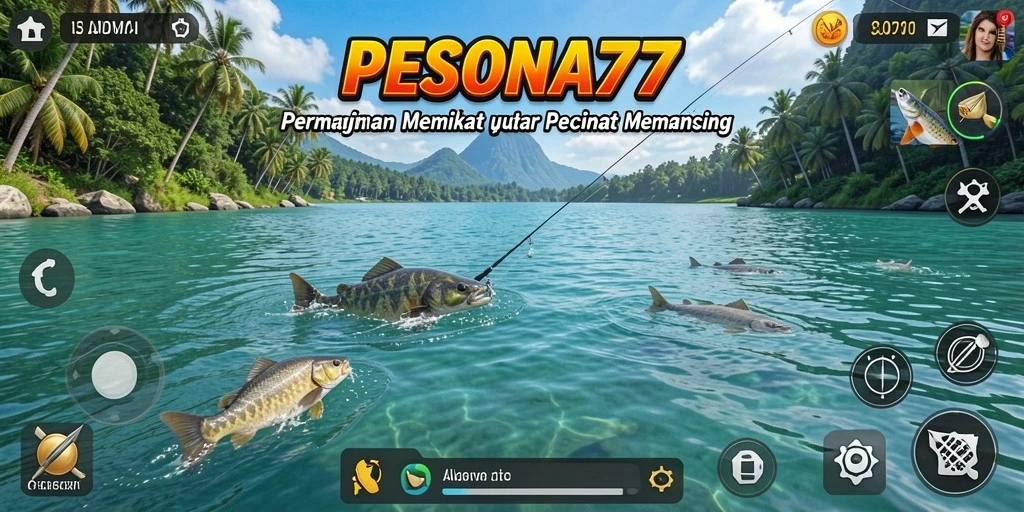Screenshot utama PESONA77 menampilkan aksi seru memancing ikan.