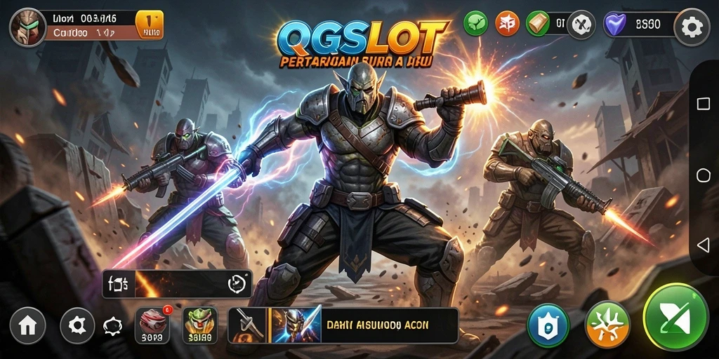 Screenshot gameplay QQSLOT menunjukkan aksi pertarungan yang dinamis