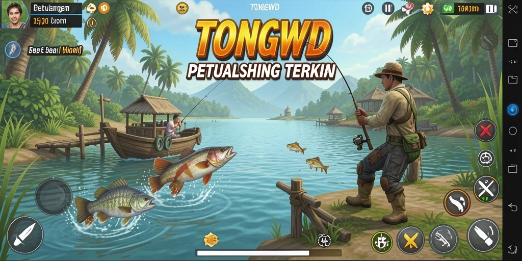 Screenshot gameplay TONGWD menampilkan aksi pemancingan yang mendebarkan.
